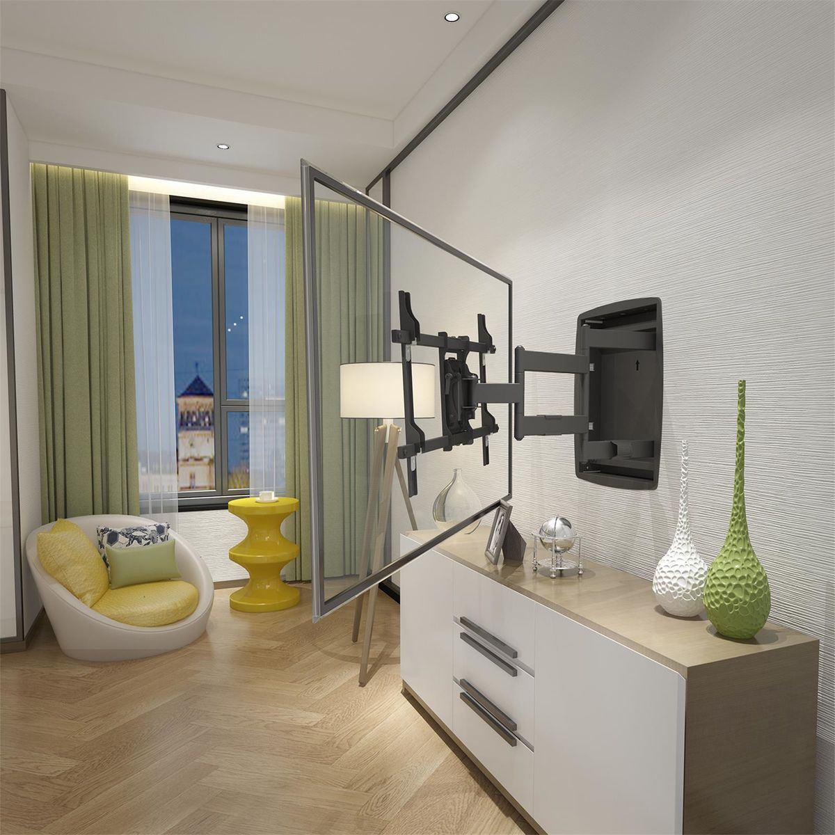 Kamer met een tv op een houder, een kast, een stoel en een raam met uitzicht. Groene en gele accenten.
