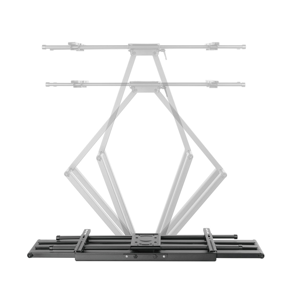 Een zwarte tv-beugel. De tv-beugel is zilverkleurig en heeft een zwarte basis. De beugel is uitgeschoven.