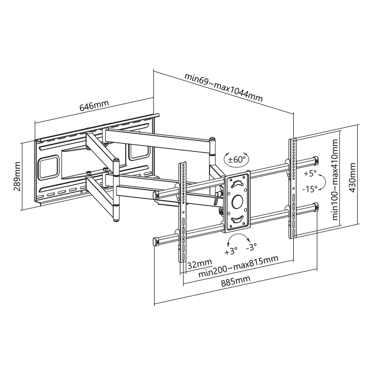 Diagram met afmetingen voor een tv-wandbeugel, met verstelbare armen en afmetingen.