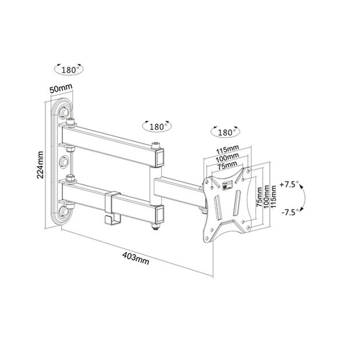 Zwart-zilveren tv-houderdiagram met afmetingen en hoeken.