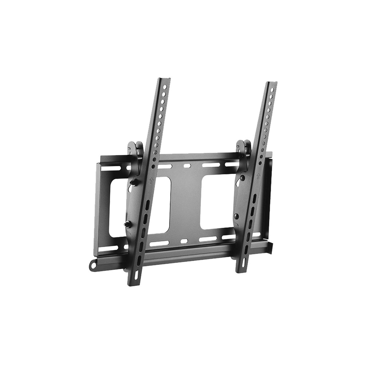 Support mural TV noir avec deux rails verticaux et une plaque rectangulaire trouée. Fond blanc.