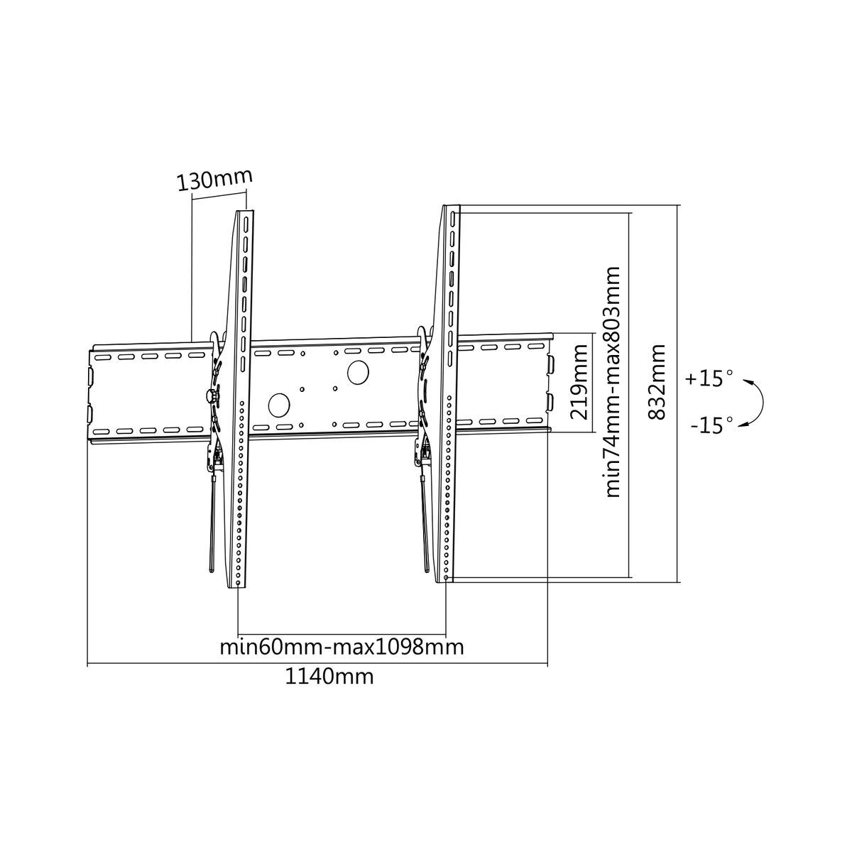 Diagram van een tv-beugel. Toont afmetingen en metingen van de montagebeugel.