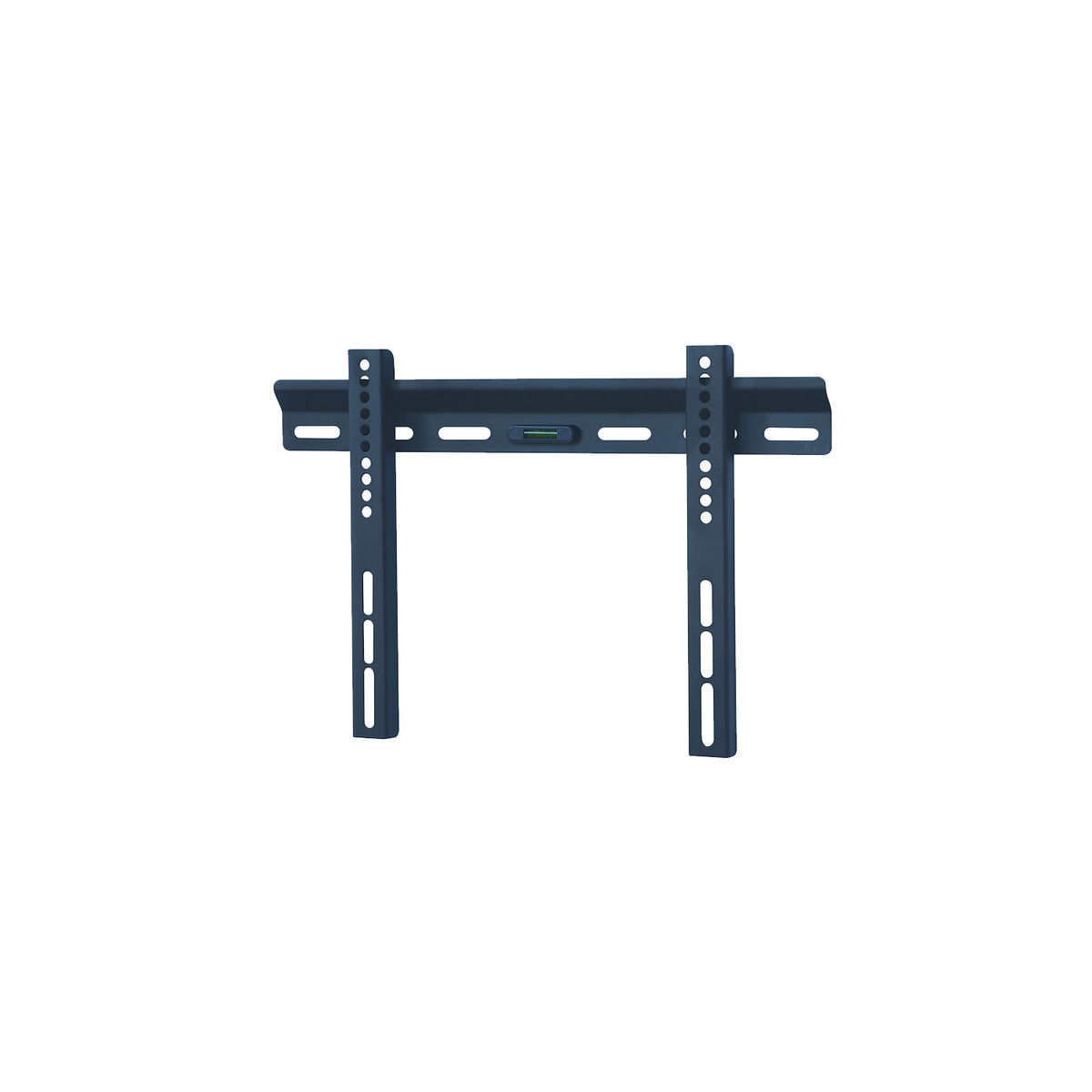 Dark blue TV wall mount on a white background. Has vertical bars and a spirit level.