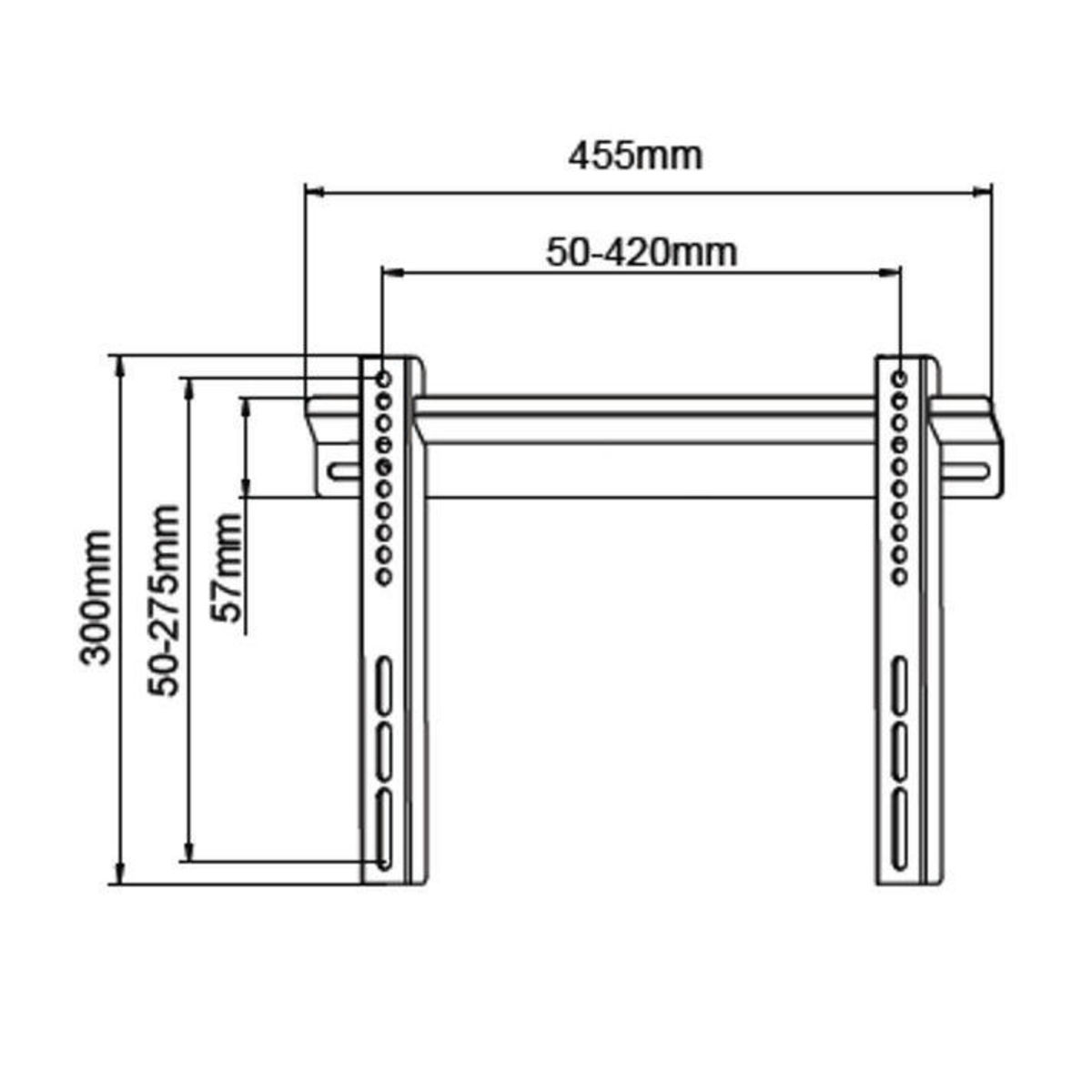 Diagram of a TV wall mount showing dimensions and mounting points with a white background.