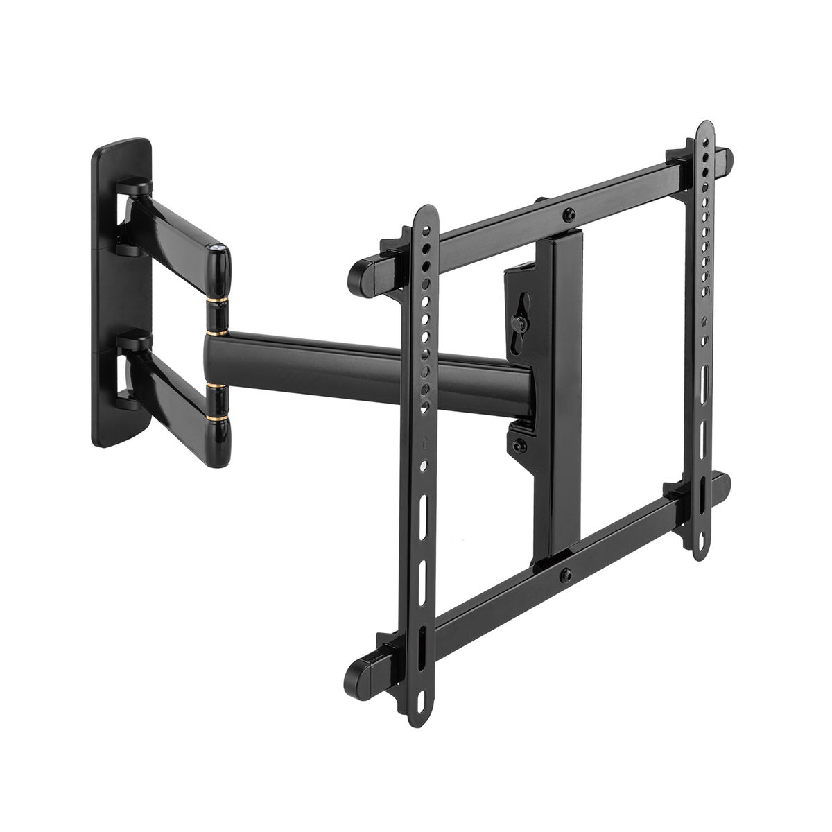 Black TV wall mount. It has two arms and a rectangular plate. Screws and holes are visible.