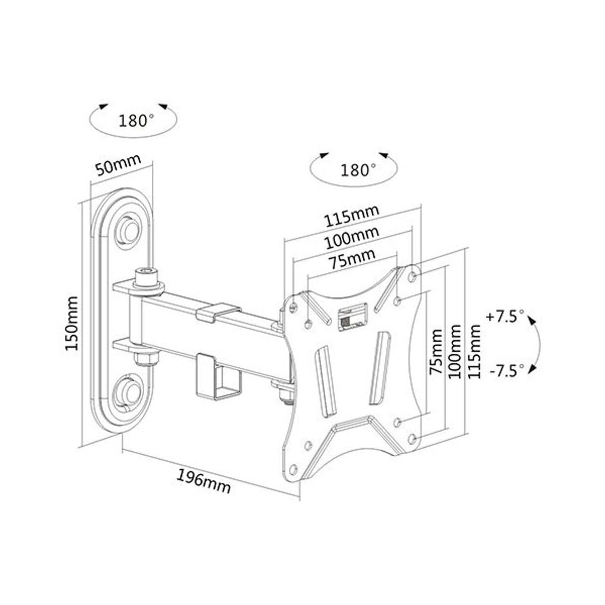 Diagram van tv-beugel met afmetingen en hoekgraden. Zwart en wit.