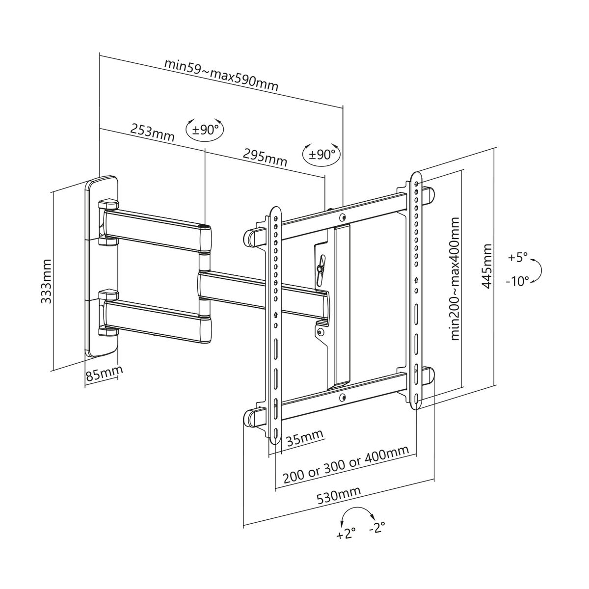 Wall mount bracket. Black with dimensions, designed for TV mounting.