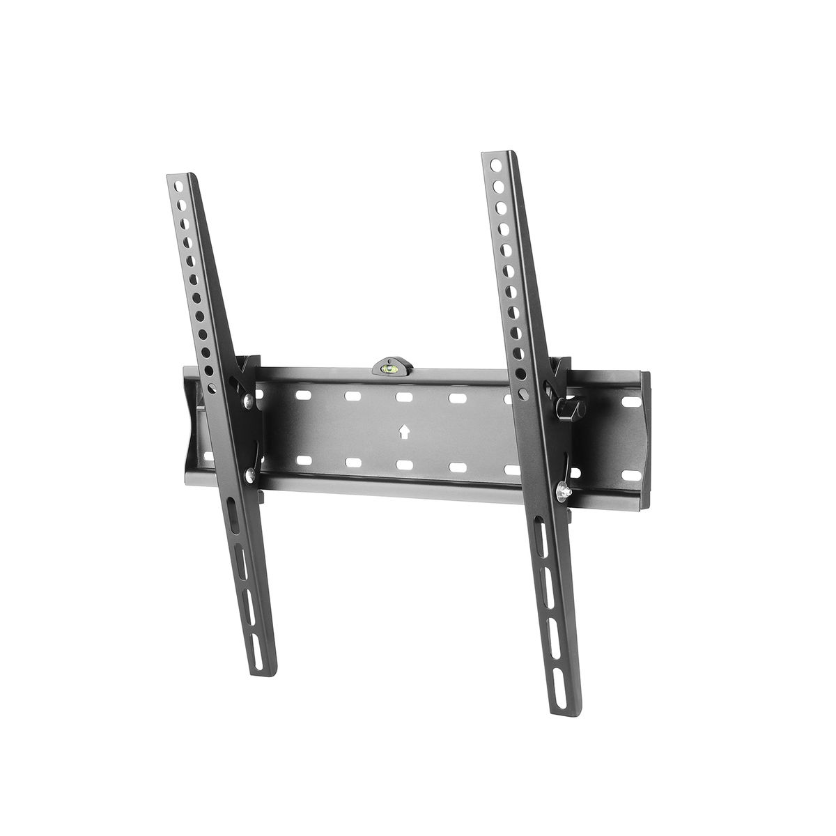 Black TV wall mount. Two angled vertical rails with holes for mounting, on a white background.