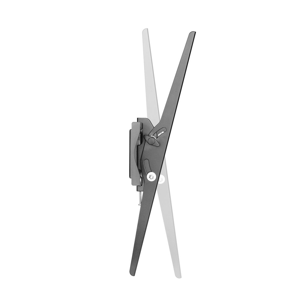 TV mount in a side view, angled. Black metal against a white background.