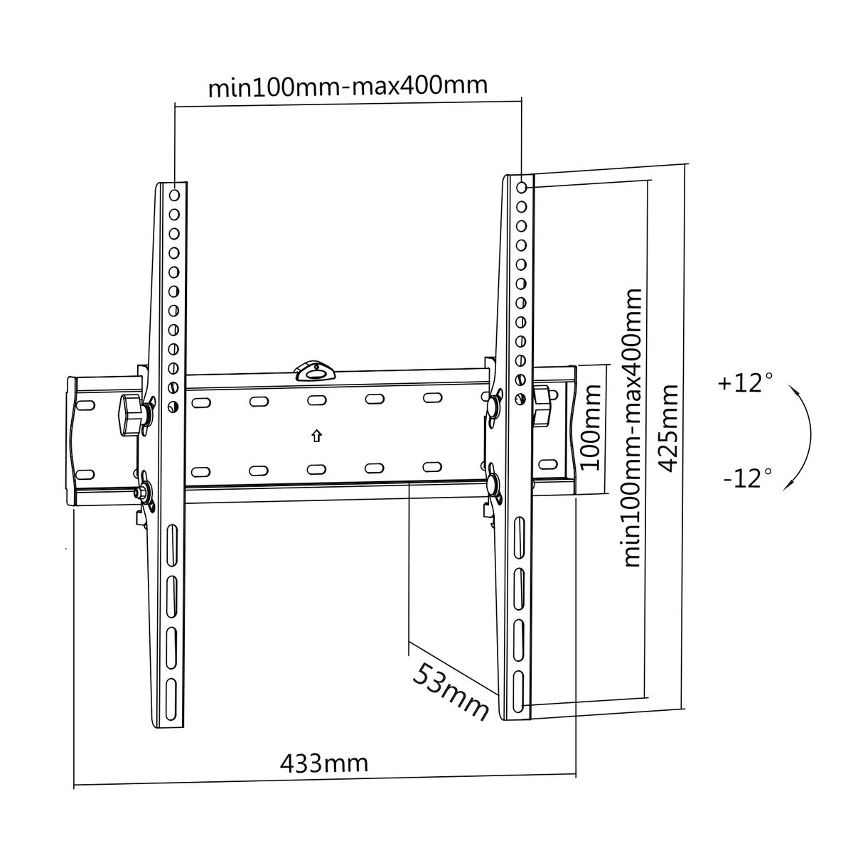 Diagram of a TV wall mount. It shows dimensions, including 433mm, 425mm, and min100-max400mm.