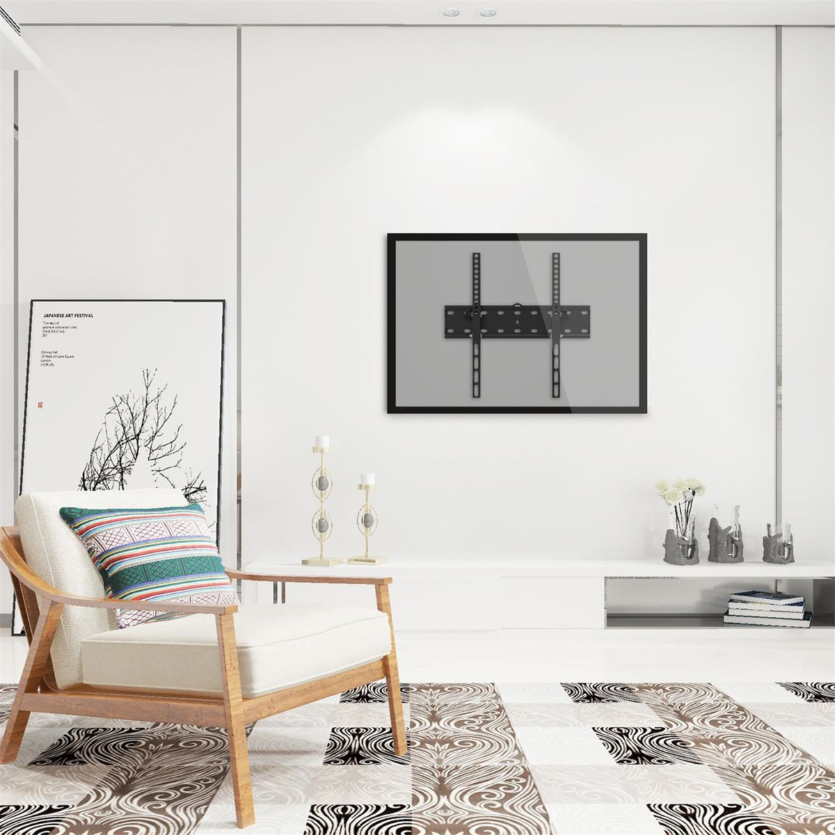 Living room with a TV on the wall, a chair, and a poster. The room is well lit with white walls.