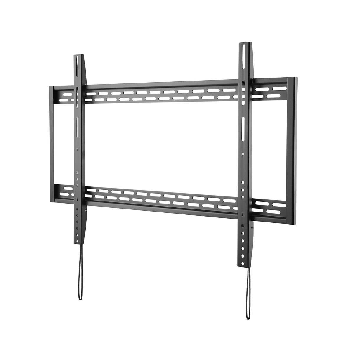 Een zwarte metalen tv-beugel, met een rechthoekig frame en bevestigingspunten, geïsoleerd op een witte achtergrond.