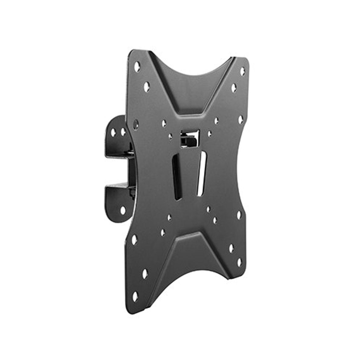 Zwarte metalen tv-montagebeugel, met gaten voor schroeven.