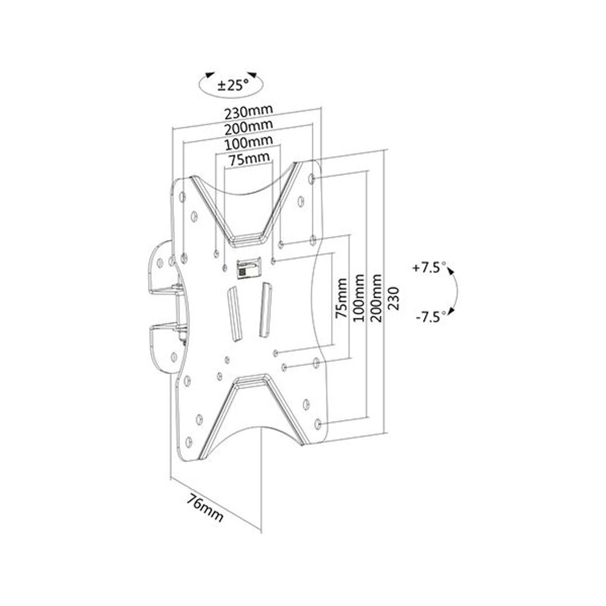 Een diagram van een tv-beugel met afmetingen en hoeken, met een witte achtergrond.