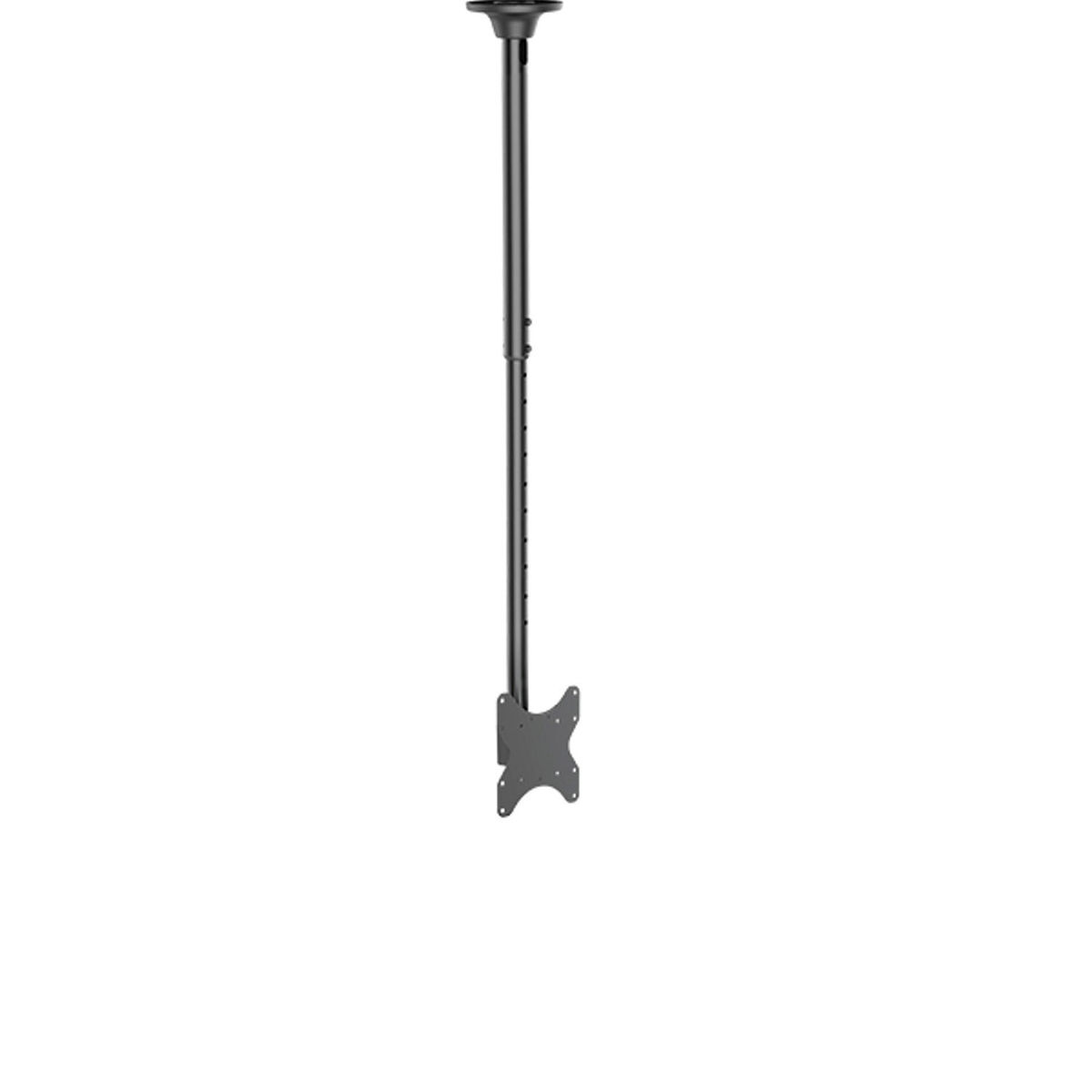 Black ceiling mount for a screen. It has a pole and a screen mounting bracket.