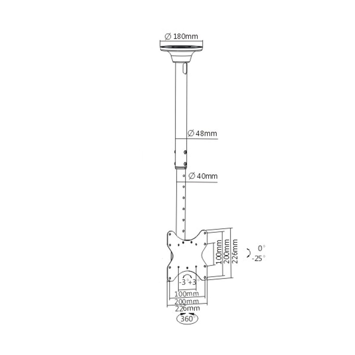 Diagram of a ceiling mount for a display, with measurements for installation.