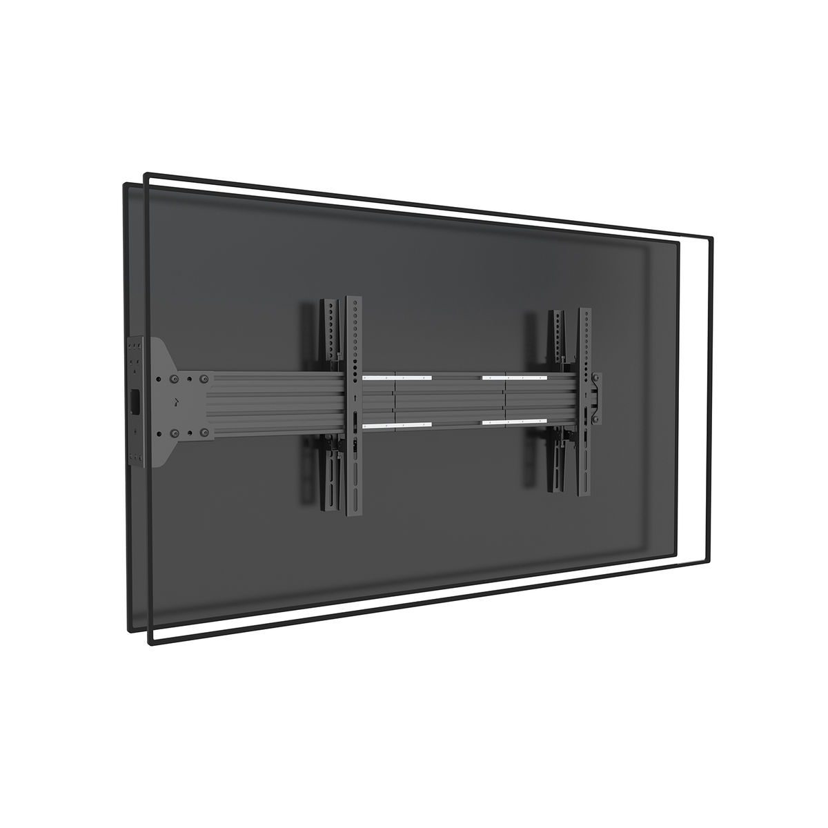 Een zwarte televisie aan de muur gemonteerd met een zwart frame en montage hardware.