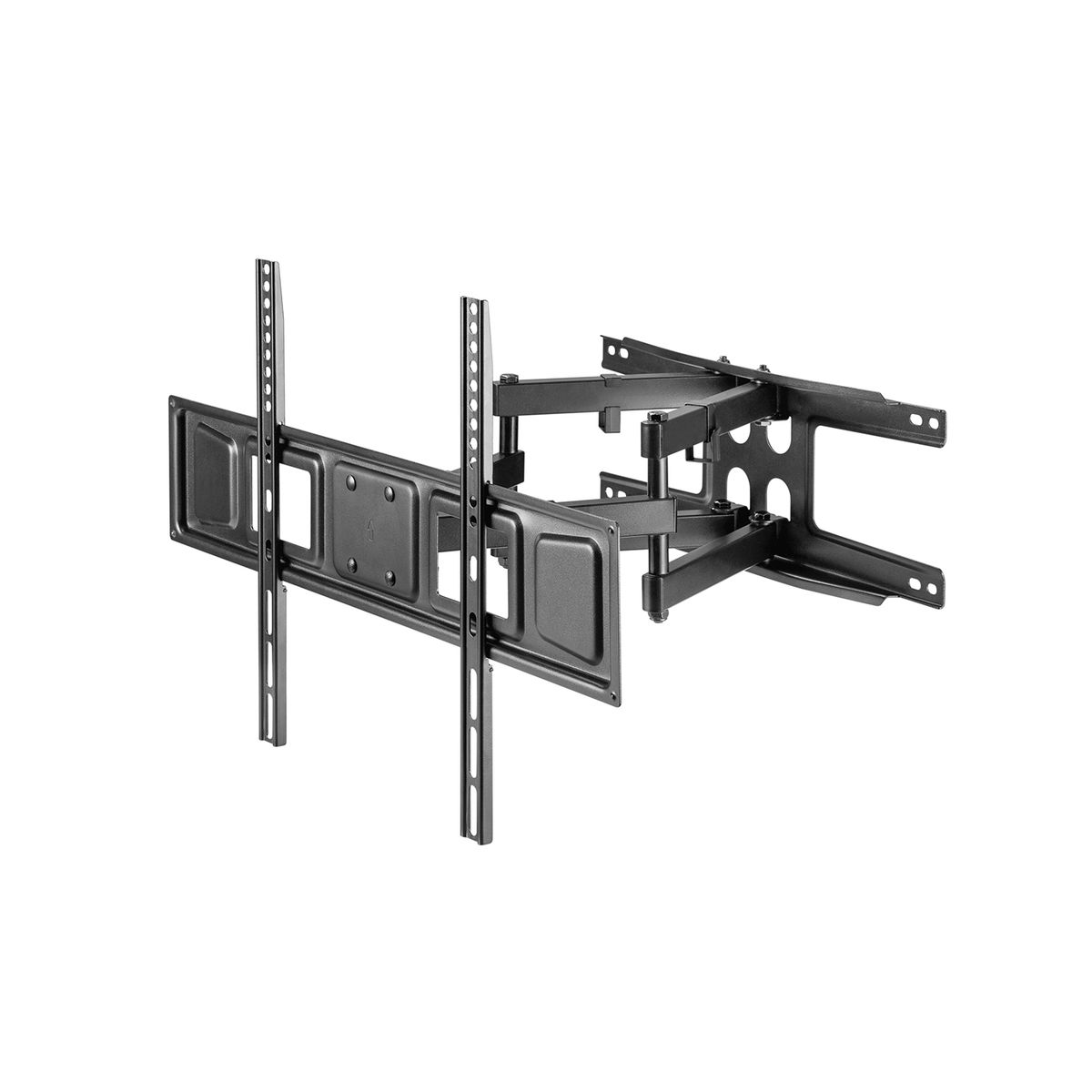 Soporte de pared para TV negro, metal. Brazos se extienden y tienen múltiples agujeros. Fondo blanco.