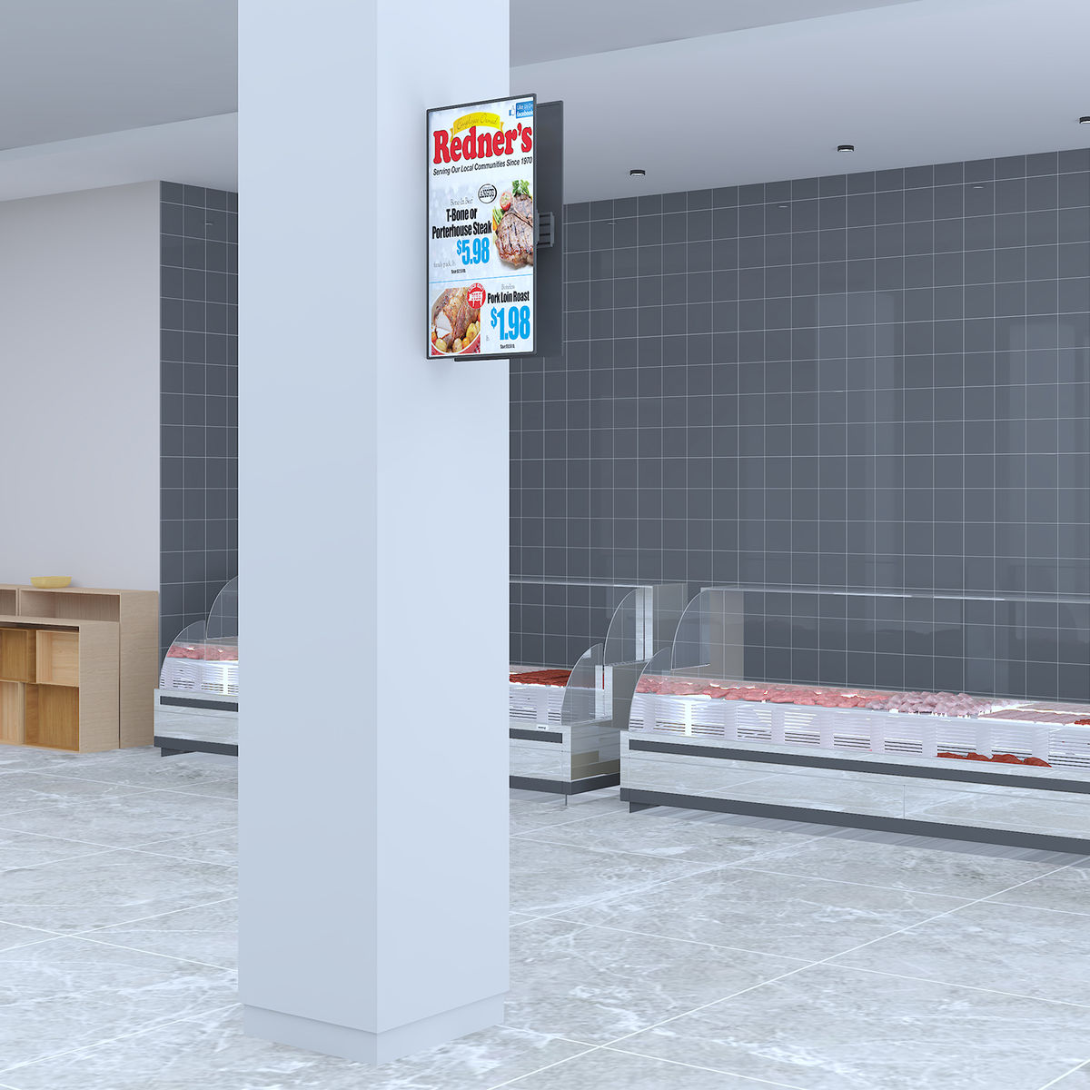 Interieur, Redner's winkel. Bord met prijzen. Vitrines en grijze tegelvloer.