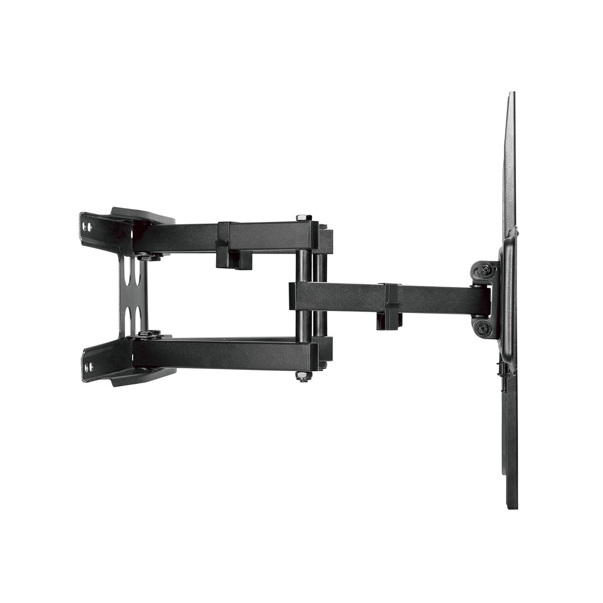Soporte de pared para TV negro. El soporte se extiende desde la pared.