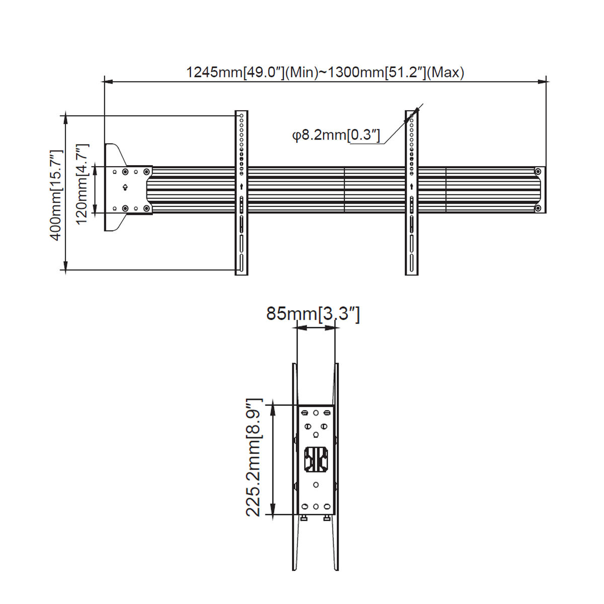 Diagram met afmetingen van een tv-beugel, met afmetingen in millimeters en inches.