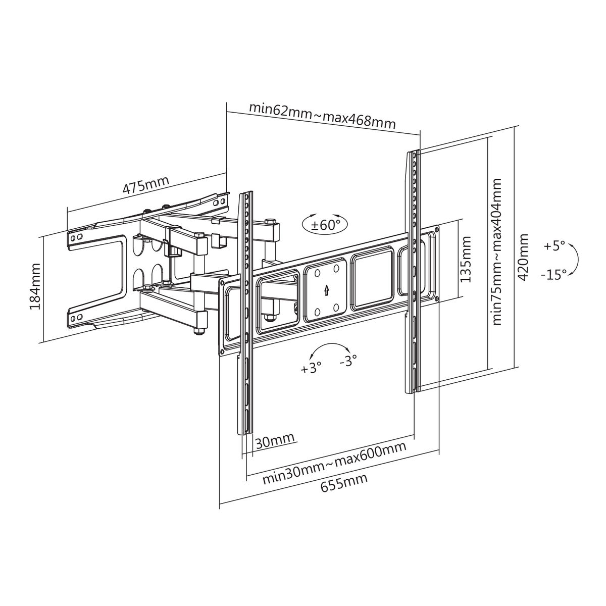 Dibujo técnico de un soporte de TV, mostrando dimensiones y ángulos.