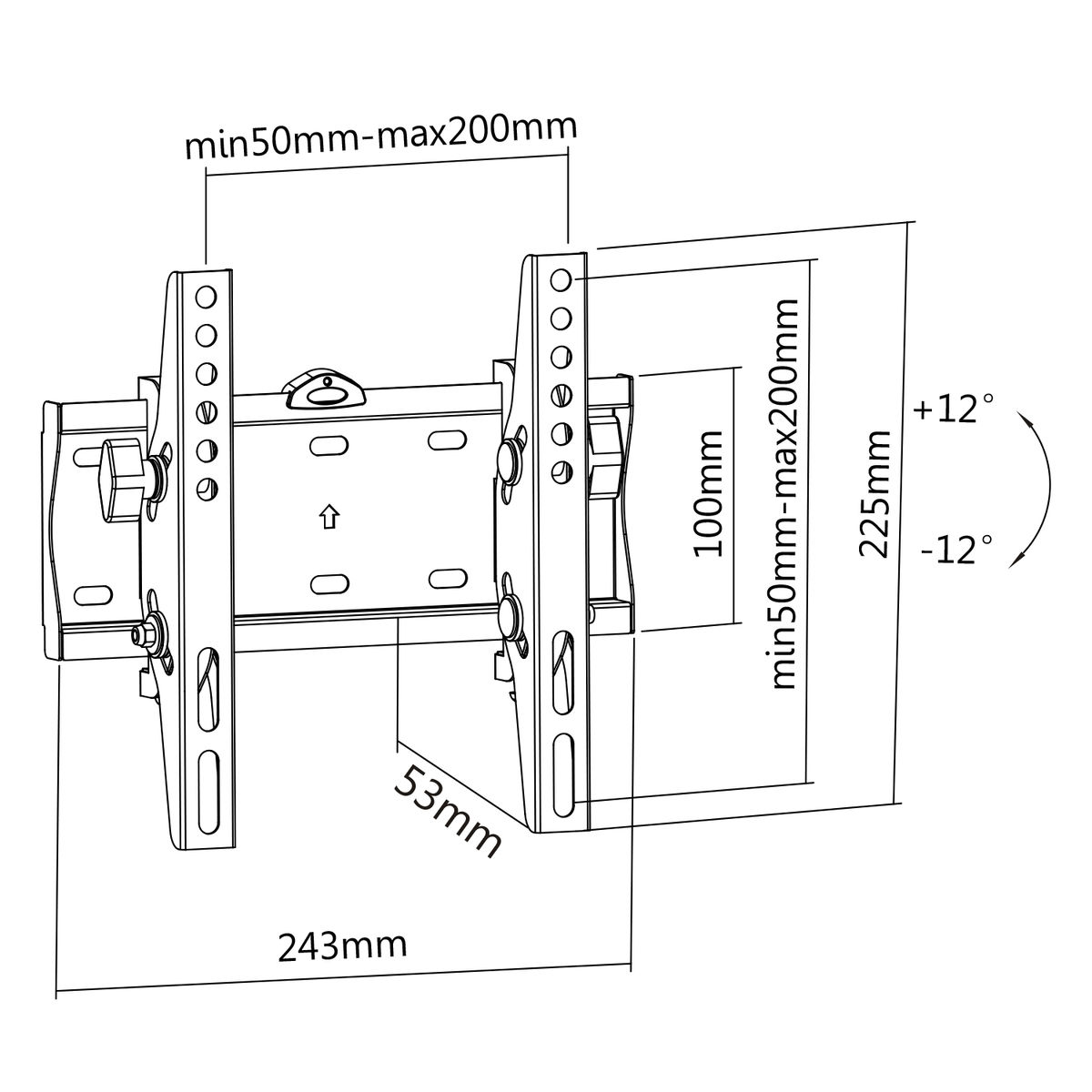 Technische tekening van een tv-muurbeugel met afmetingen, pijlen en metingen.
