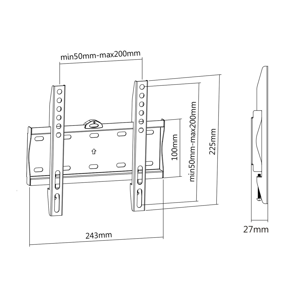 Diagram toont een tv-beugel met afmetingen, inclusief hoogte, breedte en afstand voor schroeven.