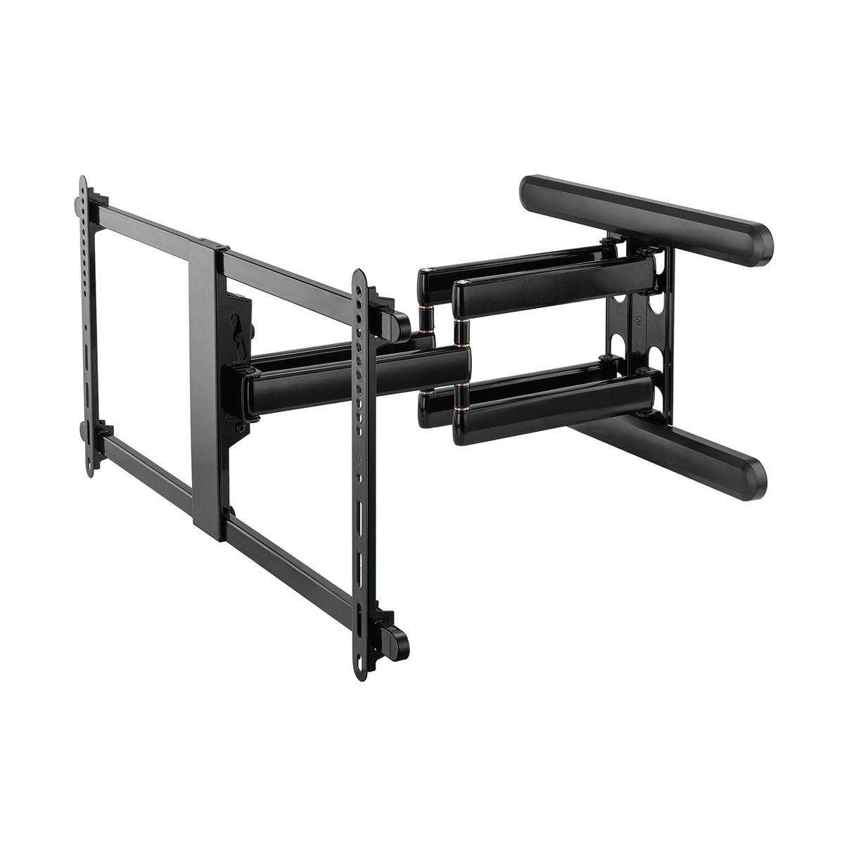 Black, articulating TV wall mount, extended. Multiple arms and brackets, on a white backdrop.