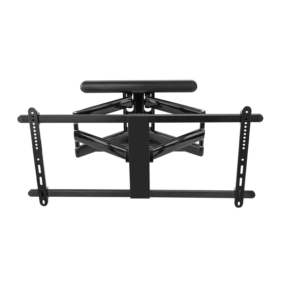 Black TV wall mount, with adjustable arms and plates, on a white background.
