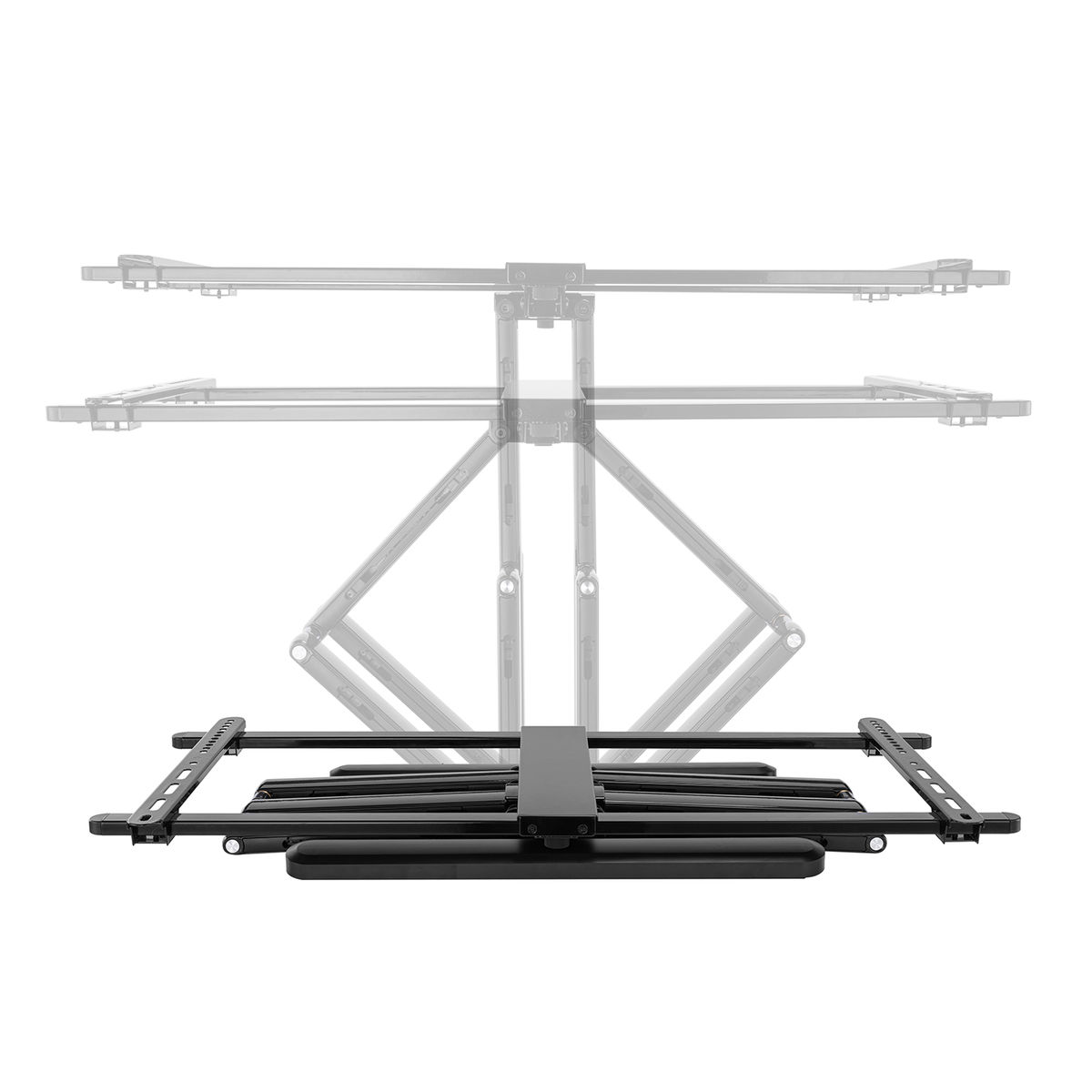 A black ceiling TV mount showing multiple adjustment positions. The background is blurred.