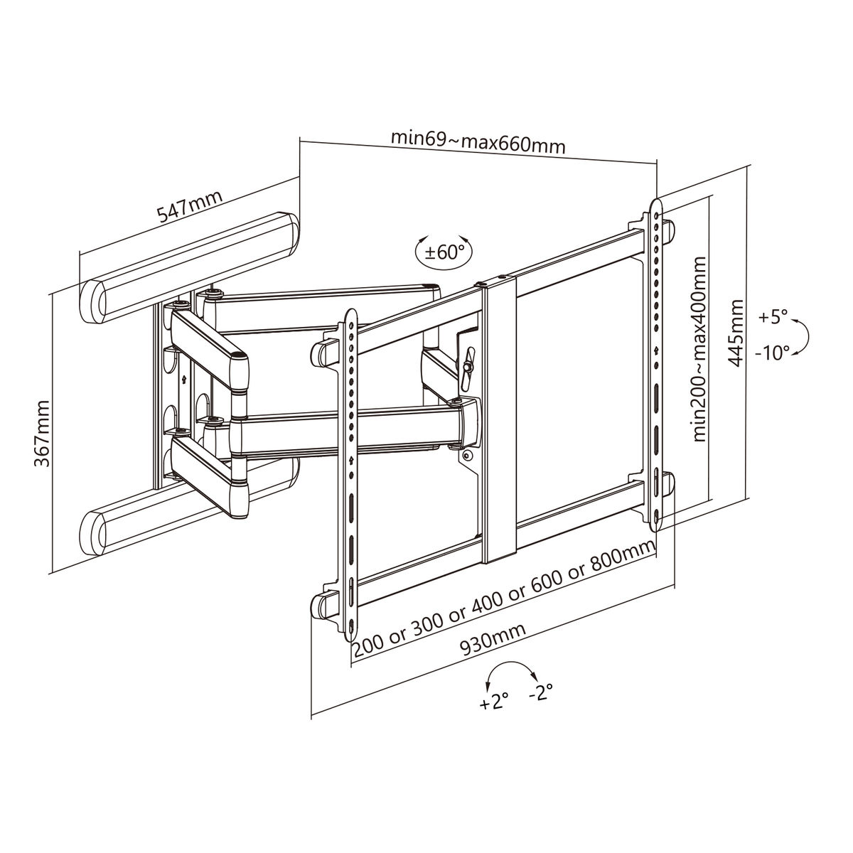 TV mount with dimensions. Arms and plates, measurements in mm.