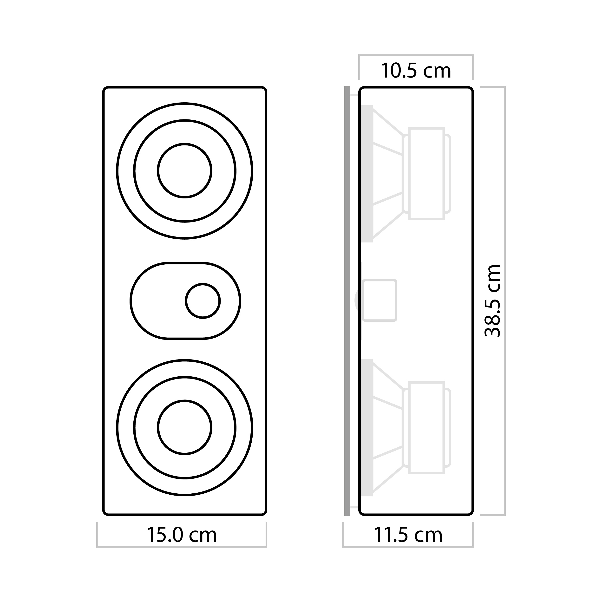 Lautsprecherdiagramm mit Vorder- und Seitenansicht mit Maßen. Abmessungen sind 15,0 x 38,5 x 11,5 cm.