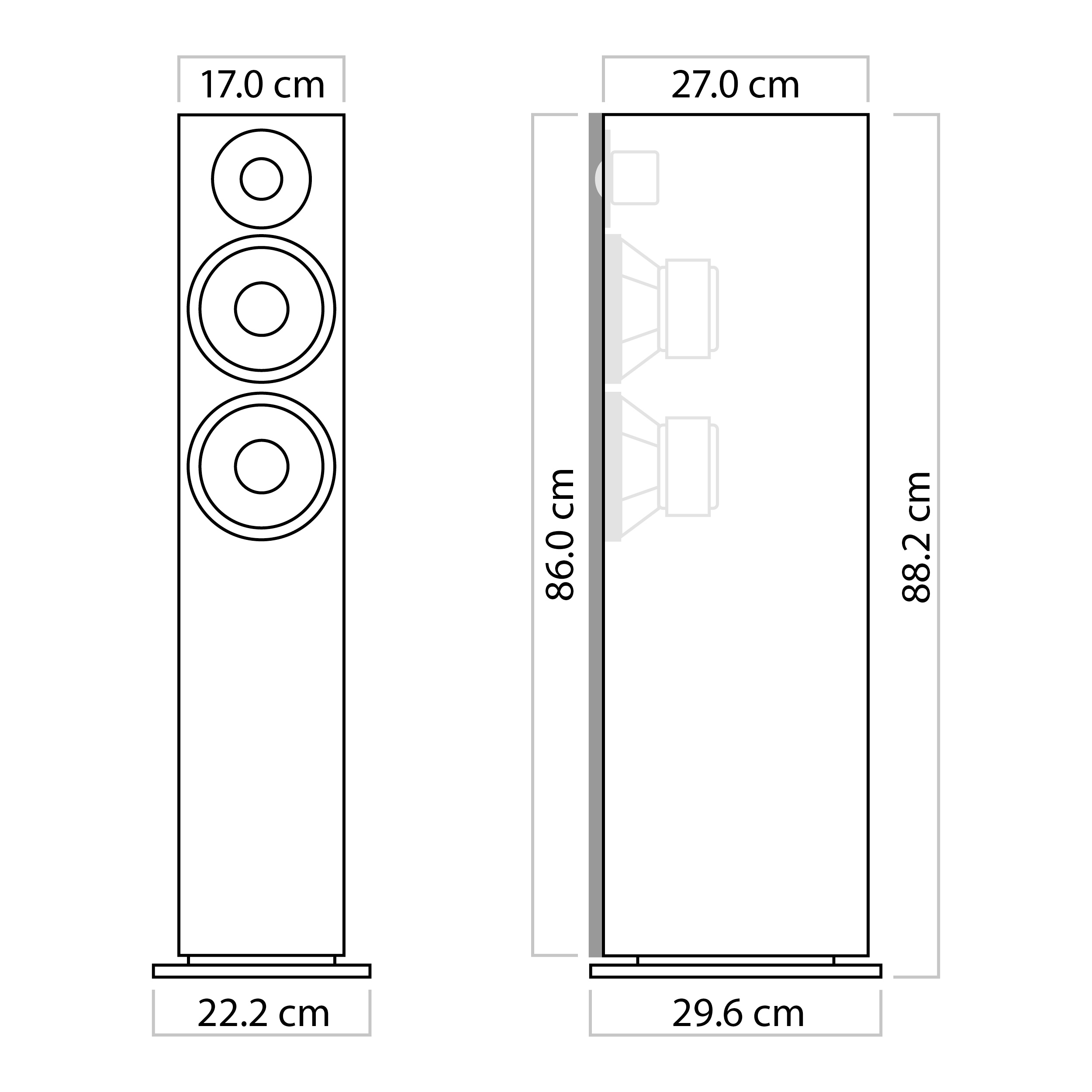 Diagramm eines hohen Lautsprechers mit Abmessungen in cm, Vorder- und Seitenansicht.