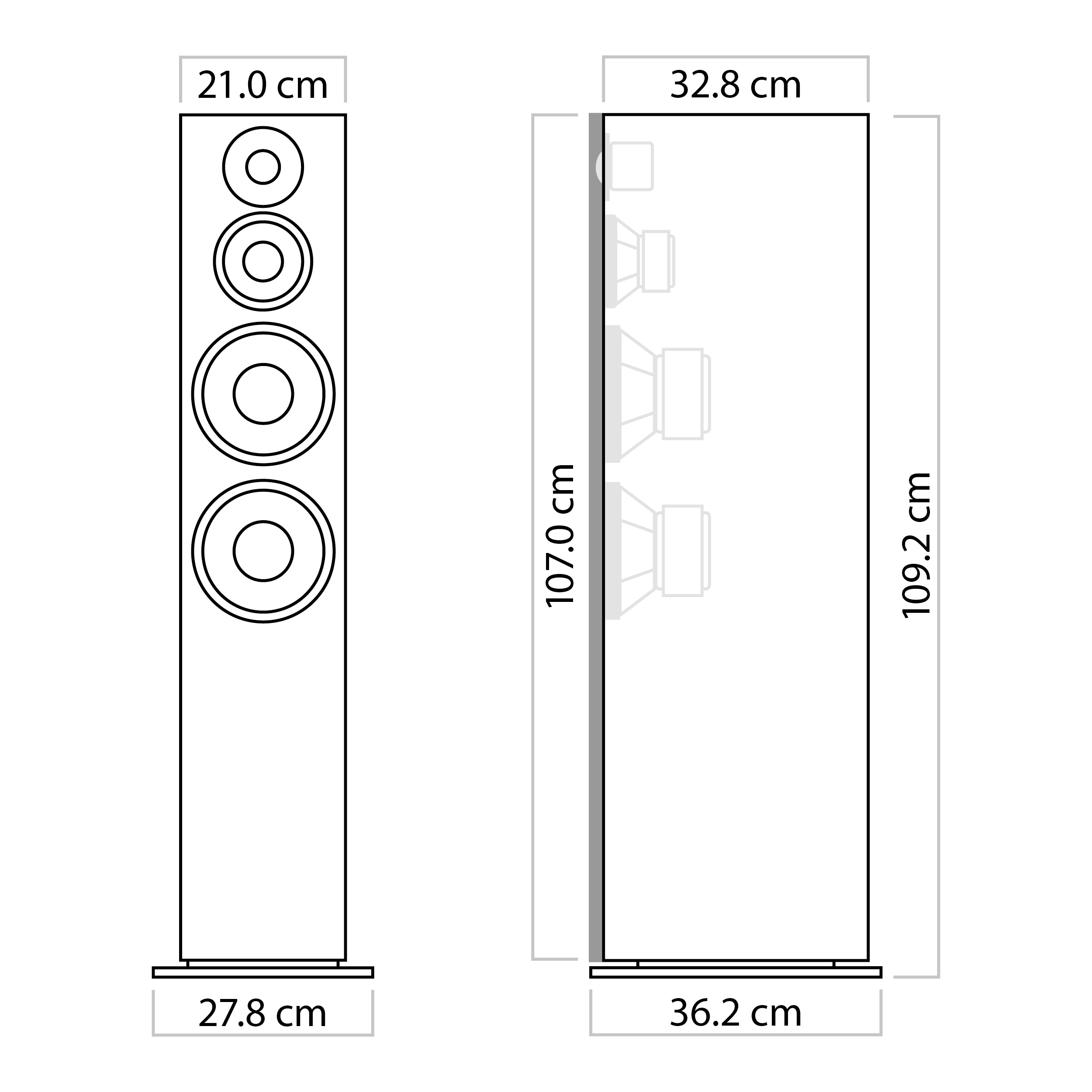 Diagramm eines Lautsprechers mit Abmessungen. Zeigt Höhe, Breite und Tiefe in Zentimetern.