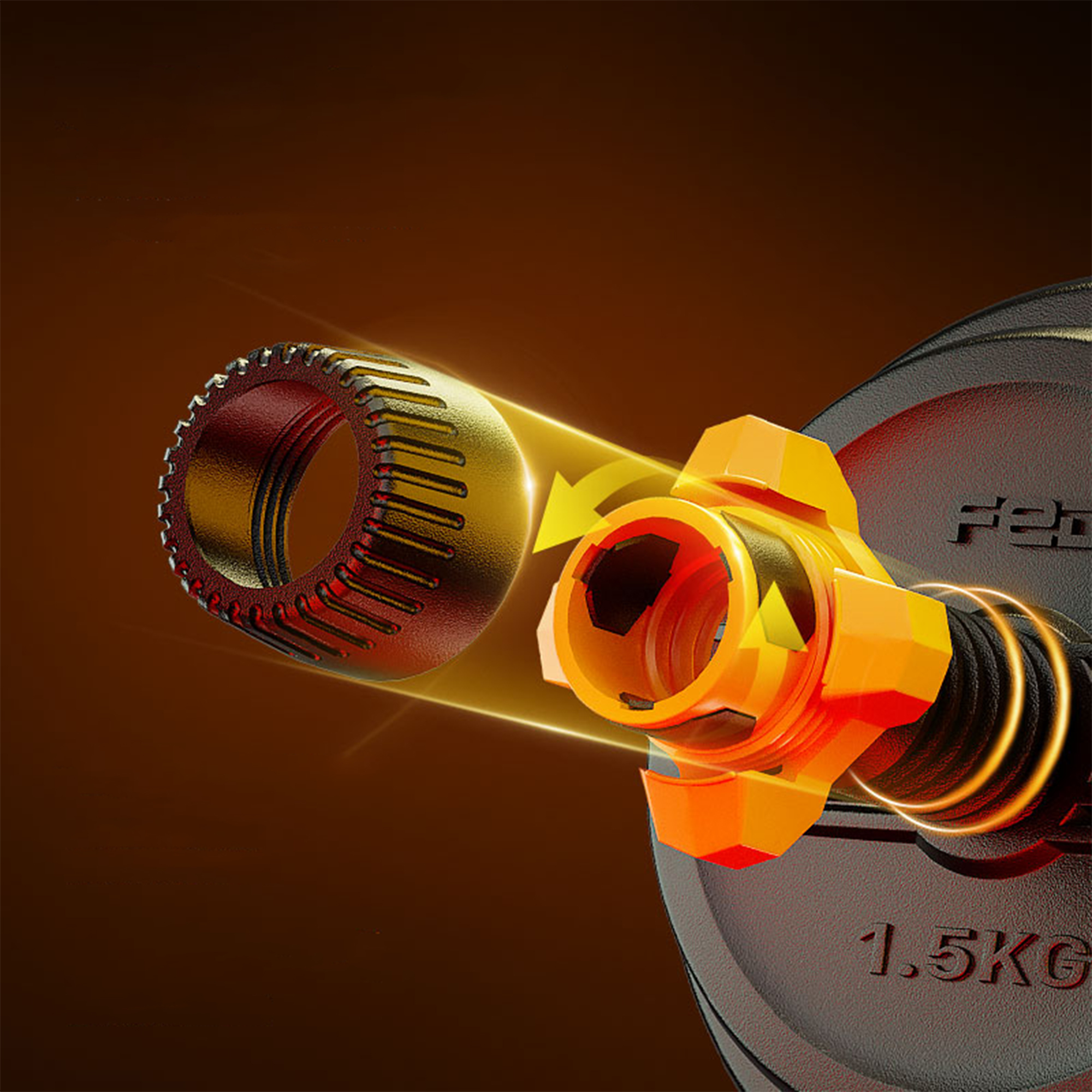 Zbliżenie sprzętu do ćwiczeń z ciężarami. Złote i pomarańczowe elementy podświetlone strzałkami.