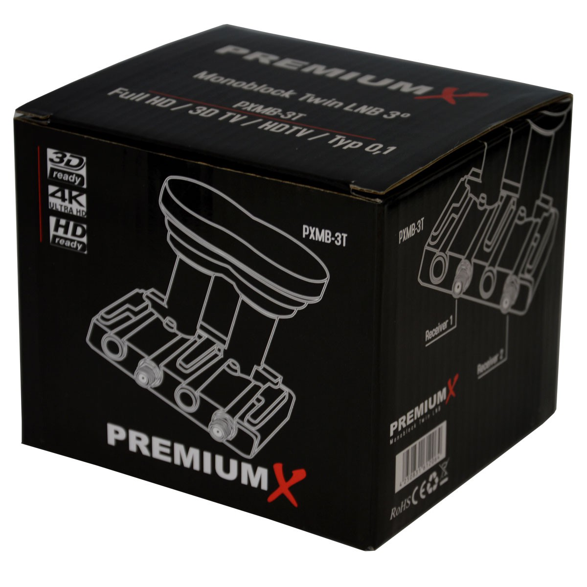 Schwarze Box für einen Satelliten-Receiver, mit Diagramm und Text. Beschriftet mit 'PREMIUMX'.