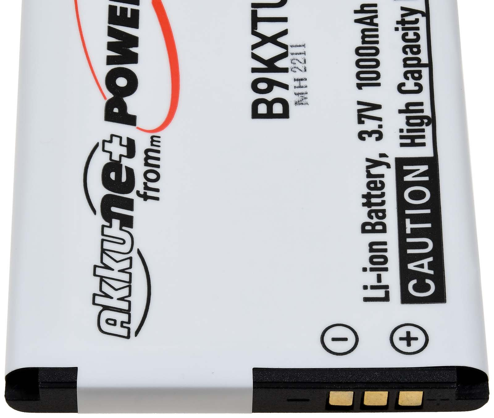 Un paquete de baterías blanco y negro con una etiqueta que dice "akku.net POWER" y advertencias.