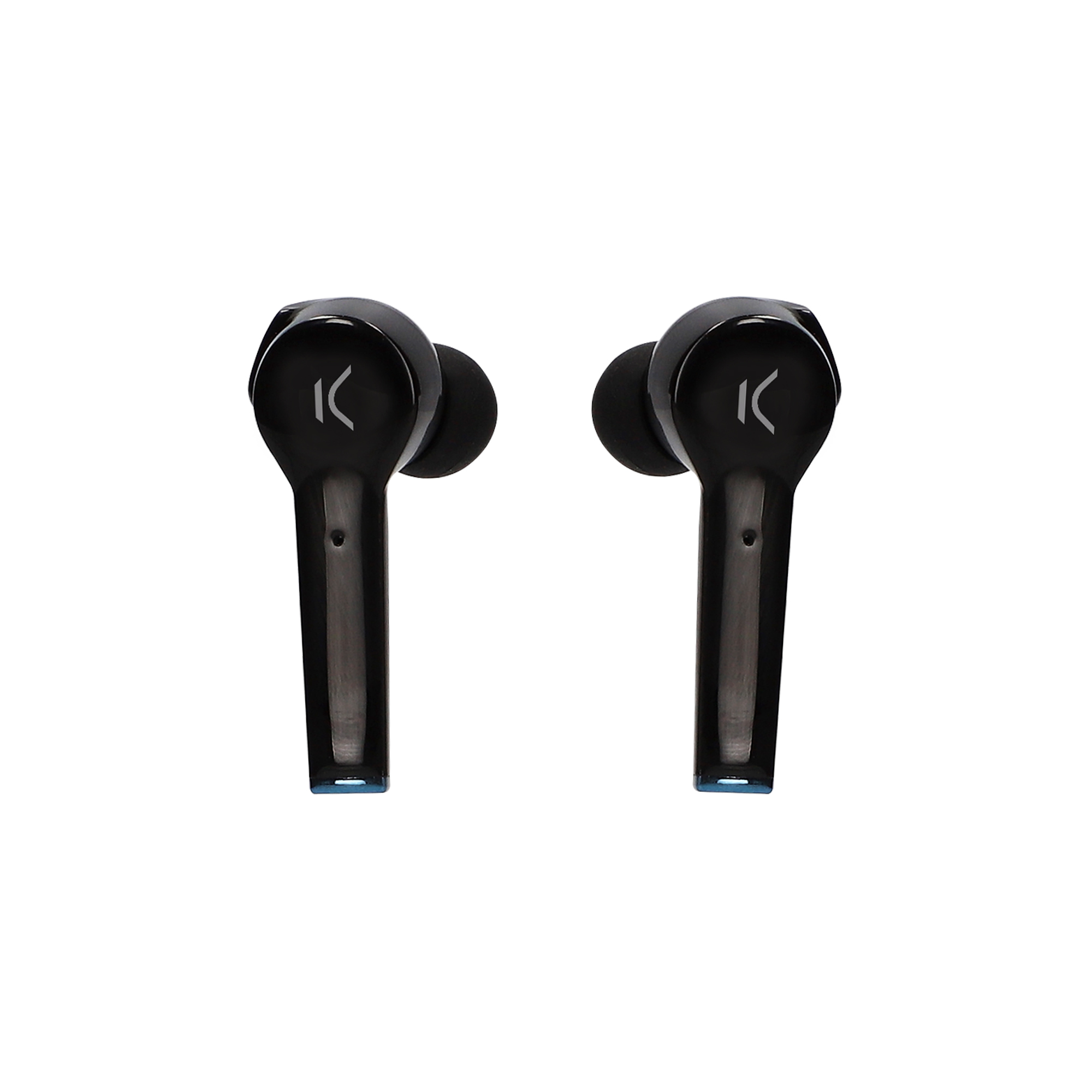 Auricolari wireless neri, isolati su sfondo bianco, design moderno.