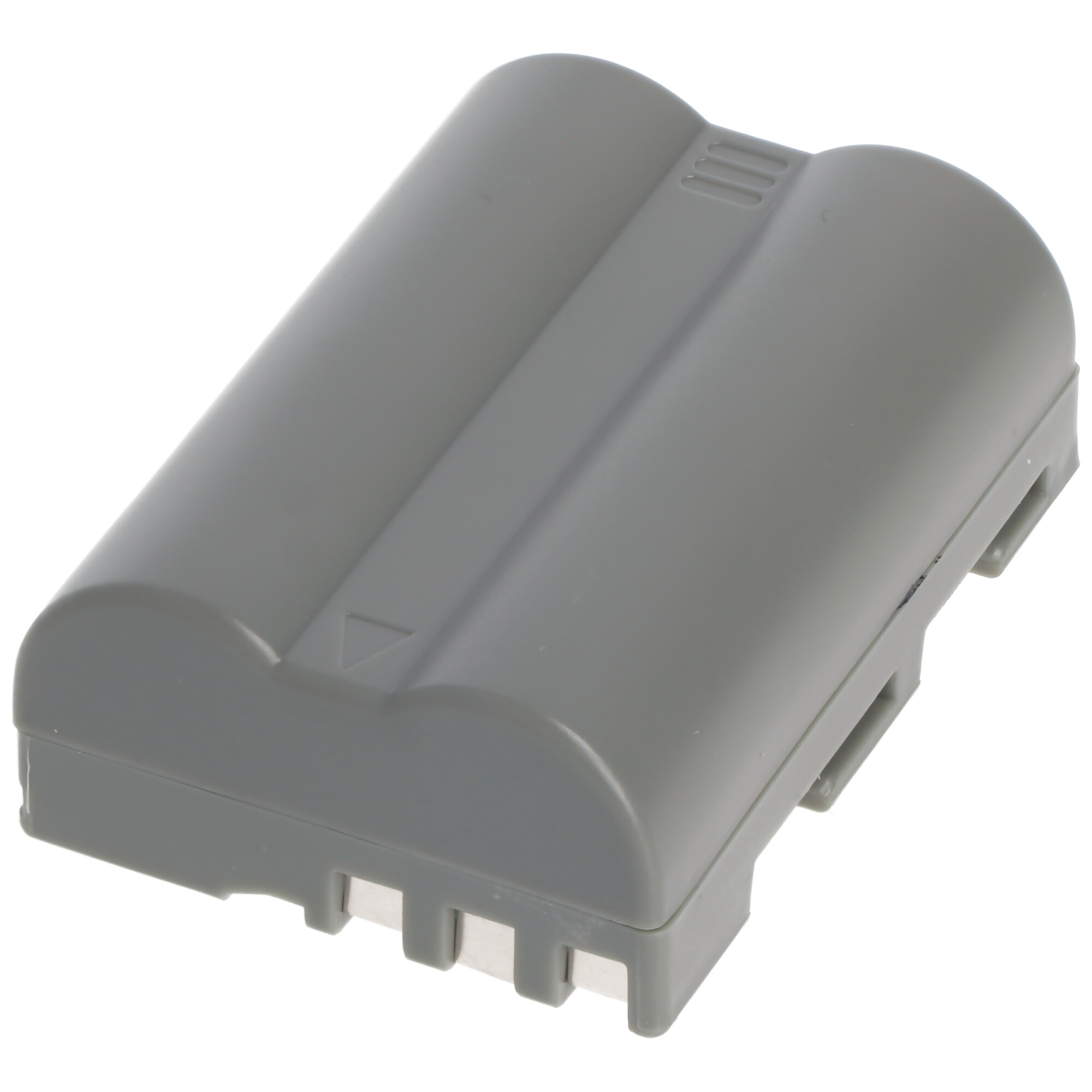 A gray camera battery with a smooth, curved top surface and metallic contacts.