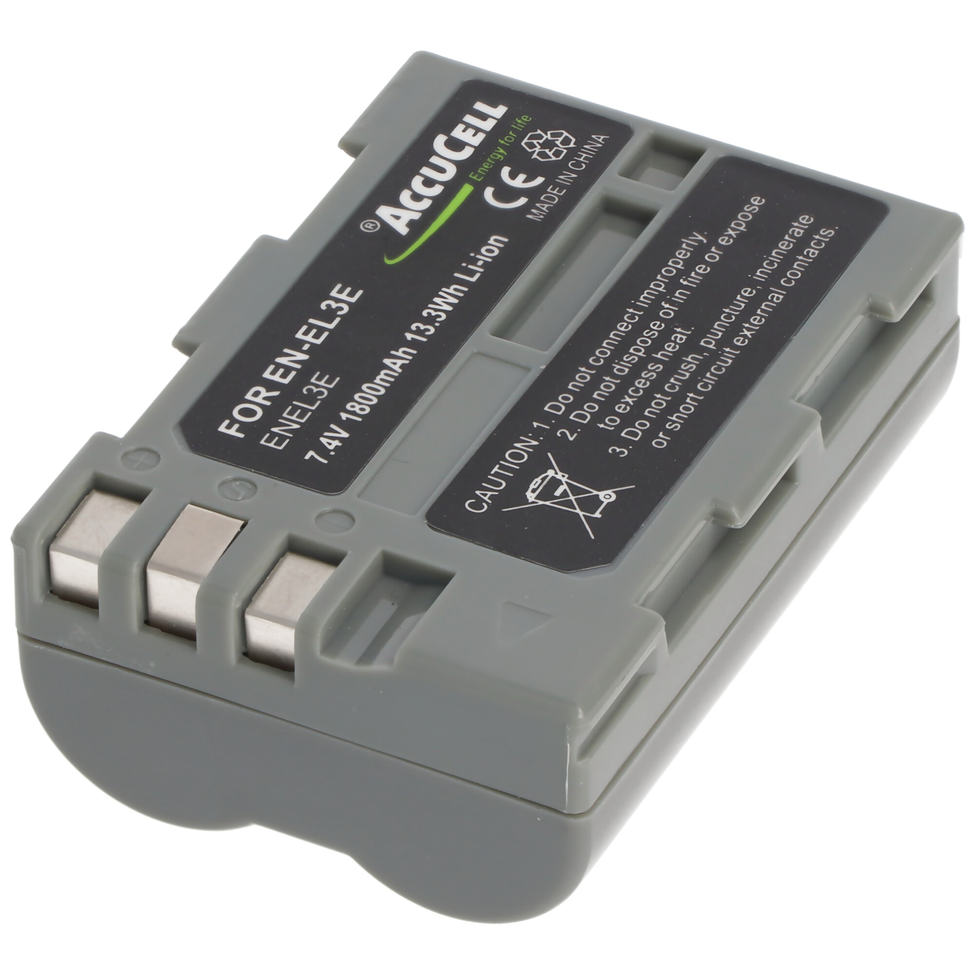 Gray AccuCell battery for EN-EL3E, with warnings. White background.