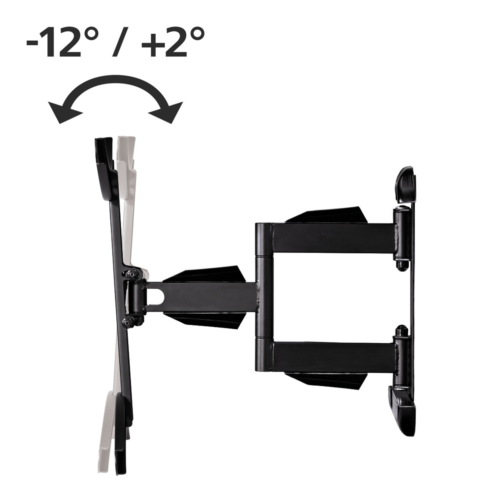 Zwarte tv-beugel met pijlen die -12 en +2 graden kanteling aangeven.