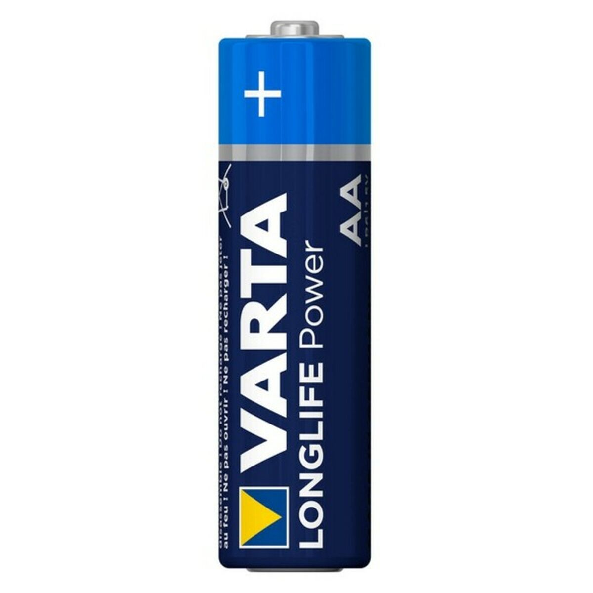 Bateria Varta AA Longlife Power, niebiesko-biała, ze znakiem plus na górze.