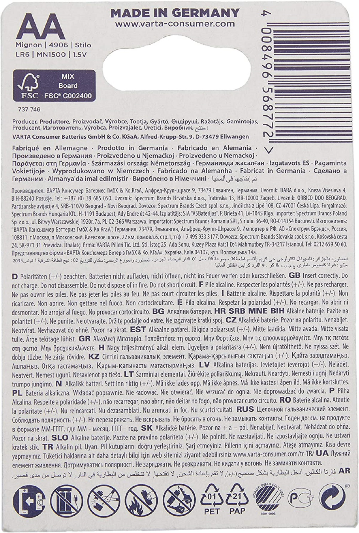 Parte trasera del paquete de baterías Varta con texto en varios idiomas y un logotipo de reciclaje.