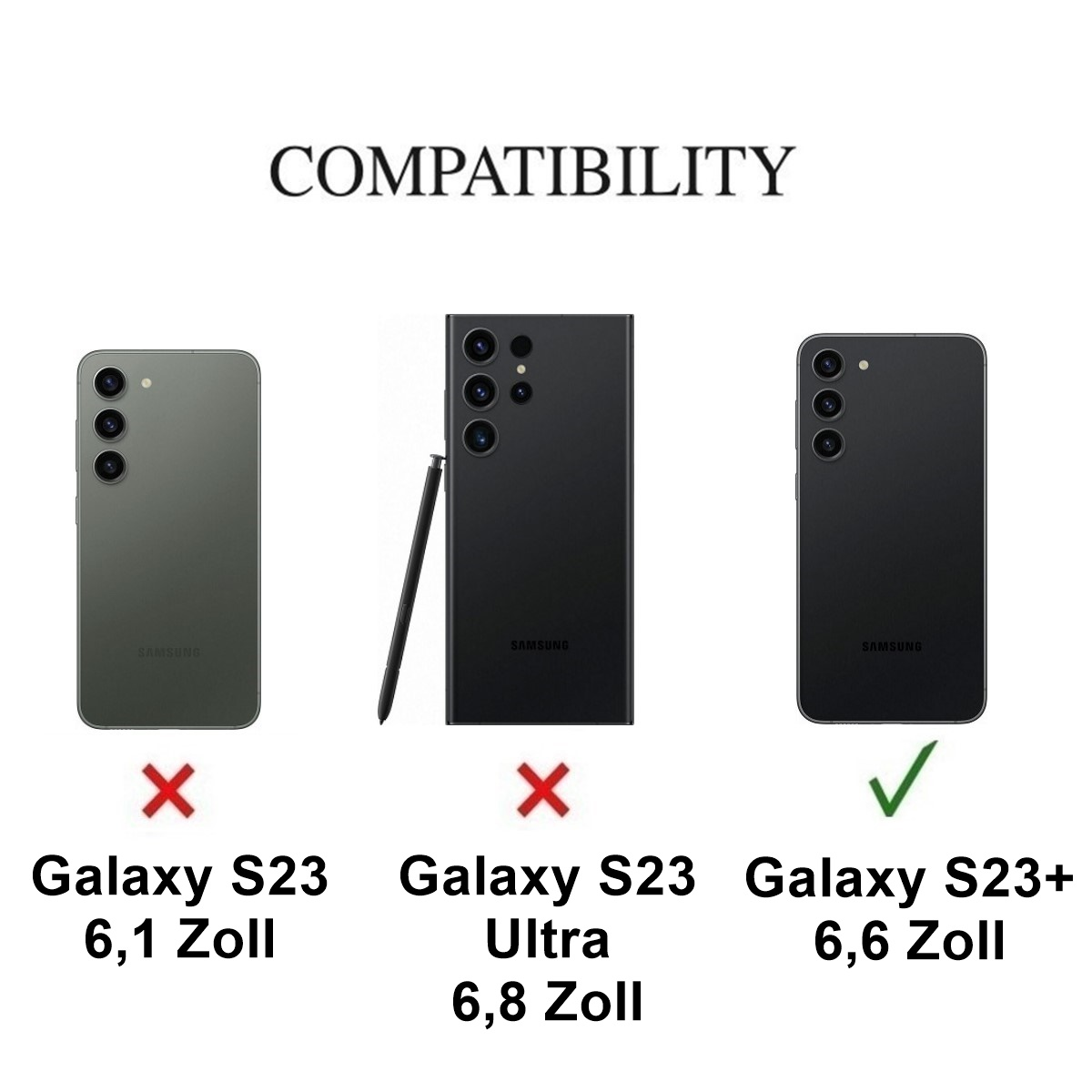 Bildvergleich von drei Telefonmodellen: S23, S23 Ultra (falsch) und S23+ (richtig), mit Kompatibilitätsinfo.
