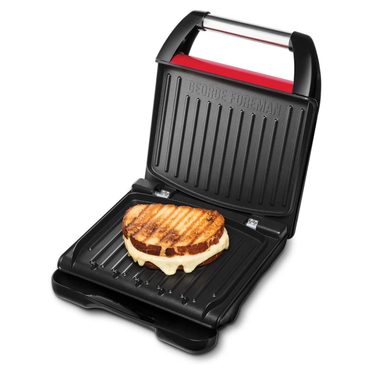Parrilla George Foreman, abierta con un sándwich de queso a la plancha dentro.