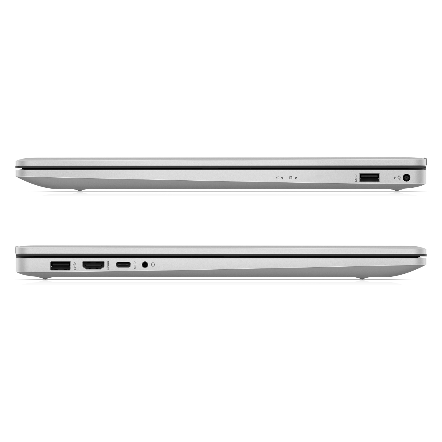 Zwei Laptops nebeneinander, die Seitenwände zeigend. Die Paneele haben Anschlüsse, und die Laptops sind silberfarben.