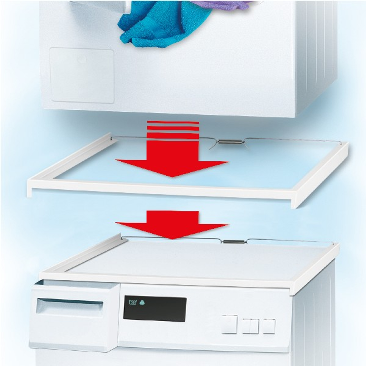Diagramm, das eine Waschmaschine mit einem von oben eingesetzten Regal zeigt.
