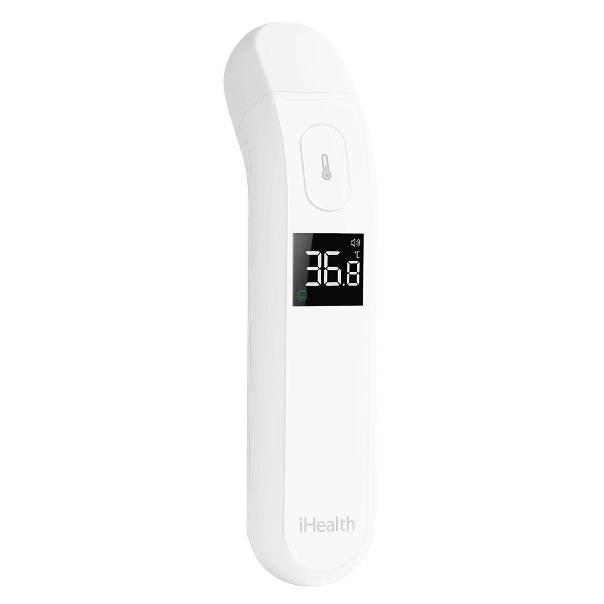 Ein weißes Stirnthermometer mit einem kleinen Bildschirm, der 35,8 Grad Celsius anzeigt.