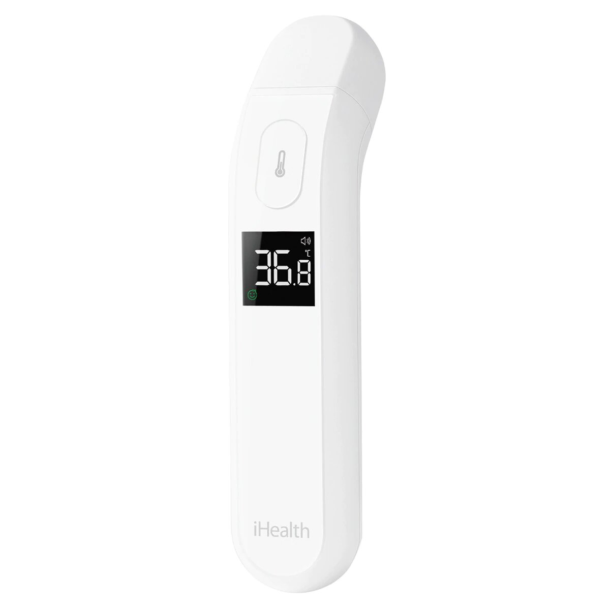Ein weißes digitales Thermometer zeigt 36,8 Grad Celsius an. Das Thermometer hat ein weißes Gehäuse.